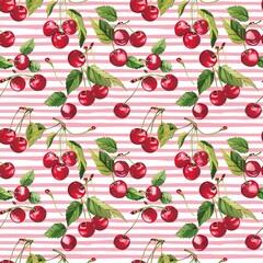 Whimsical Watercolor Cherry Pattern in Vintage Style, Featuring Soft Hues and Playful Sweet Fruit in Seamless Repeat