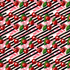 Whimsical Watercolor Cherry Pattern in Vintage Style, Featuring Soft Hues and Playful Sweet Fruit in Seamless Repeat
