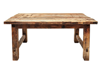 Rustic wooden dining table showcasing weathered charm in a simple studio setting isolated on transparent background