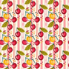 Whimsical Watercolor Cherry Pattern in Vintage Style, Featuring Soft Hues and Playful Sweet Fruit in Seamless Repeat