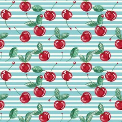 Whimsical Watercolor Cherry Pattern in Vintage Style, Featuring Soft Hues and Playful Sweet Fruit in Seamless Repeat