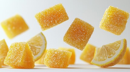 Vibrant Yellow Candy Cubes and Fresh Lemon Slices on White Background