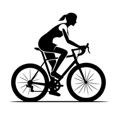 Fototapeta premium Isolated black and white vector illustration of a cyclist girl riding a bicycle on a white background.