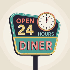 Fototapeta premium 24 Hour Retro Diner Sign with Clock Graphic