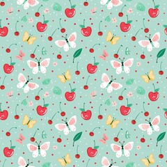 Whimsical Watercolor Cherry Pattern in Vintage Style, Featuring Soft Hues and Playful Sweet Fruit in Seamless Repeat