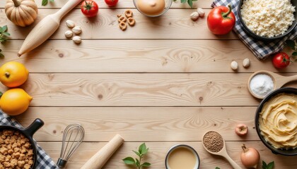 Top view of wooden table with baking tools on side, blank area for recipe text