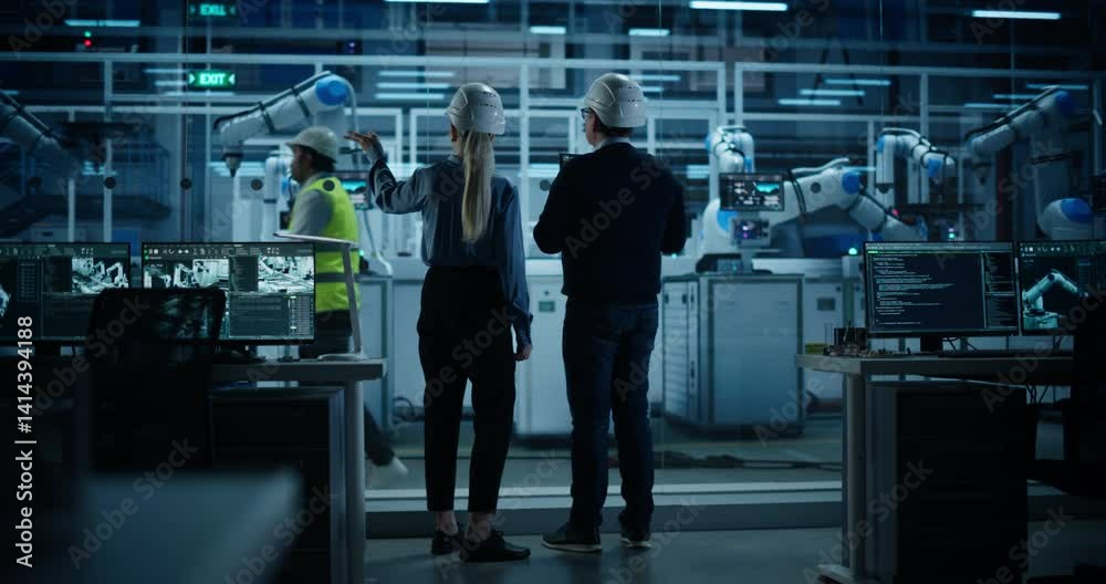 Poster Female and Male Industrial Engineers Monitoring and Analyzing Conditions at a Modern Tech Electronics Factory with Automated Robot Arms Working with the Help of Artificial Intelligence Software