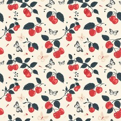 Whimsical Watercolor Cherry Pattern in Vintage Style, Featuring Soft Hues and Playful Sweet Fruit in Seamless Repeat