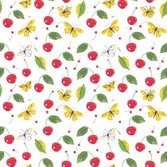 Whimsical Watercolor Cherry Pattern in Vintage Style, Featuring Soft Hues and Playful Sweet Fruit in Seamless Repeat