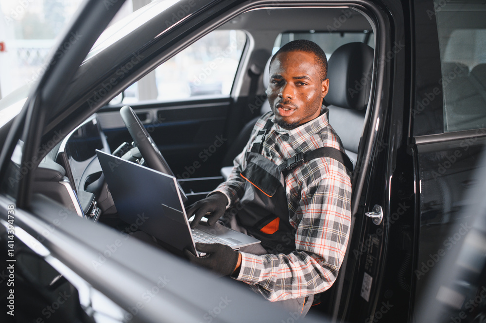 Aufkleber automobile computer diagnosis. car mechanic repairer looks for engine failure