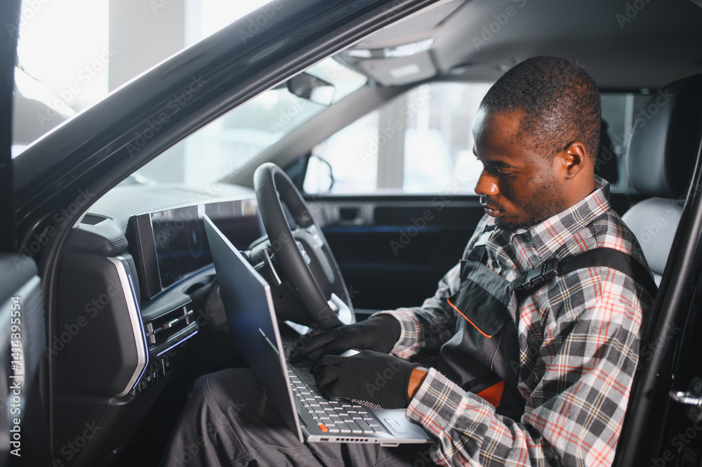 Aufkleber automobile computer diagnosis. car mechanic repairer looks for engine failure