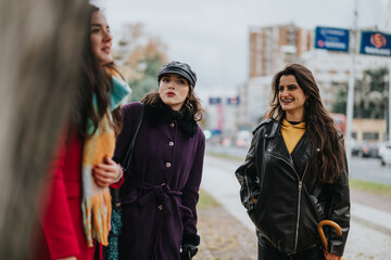 Fototapeta premium Three fashionable women engage in a relaxed conversation while strolling through a city street. The overcast background and stylish outfits convey urban sophistication and social bonding.