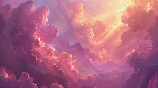 Nubes rosas y violetas en cielo brillante.