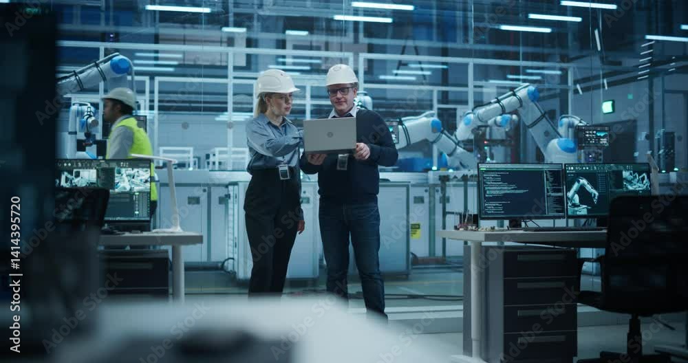 Poster Female and Male Industrial Engineers Standing Next to Assembly Line, Having a Conversation at an Electronics Factory with Automated Robot Arms Working with the Help of Artificial Intelligence Software