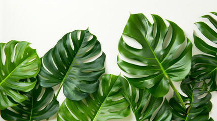 Hojas tropicales verdes sobre fondo blanco.
