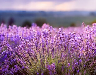 Fototapeta premium Blooming Lavender flowers field panoramic view for summer background, banner. Soft selective