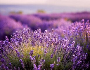 Obraz premium Blooming Lavender flowers field panoramic view for summer background, banner. Soft selective