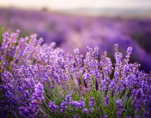 Obraz premium Blooming Lavender flowers field panoramic view for summer background, banner. Soft selective