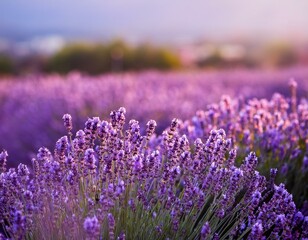 Obraz premium Blooming Lavender flowers field panoramic view for summer background, banner. Soft selective