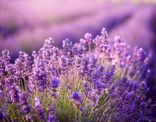 Obraz premium Blooming Lavender flowers field panoramic view for summer background, banner. Soft selective