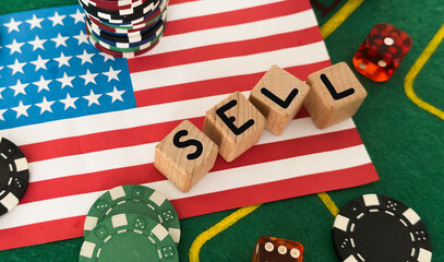 poker chips, usa flag on blackjack table