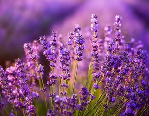 Obraz premium Blooming Lavender flowers field panoramic view for summer background, banner. Soft selective