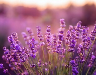 Fototapeta premium Blooming Lavender flowers field panoramic view for summer background, banner. Soft selective