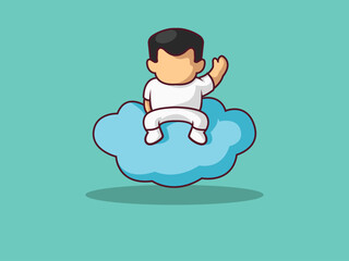 Cute little boy sitting on cloud Cartoon Vector Icon Illustration. Premium Vector Isolated Science Technology Icon Concept. Flat Cartoon Style.