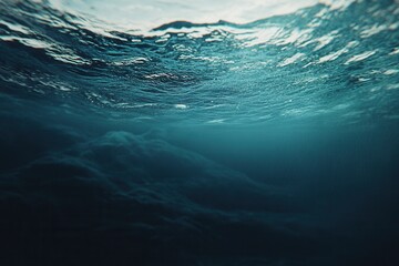 Obraz premium Underwater world with sunlight filtering through the surface creating a serene and mysterious mood, deep blue ocean