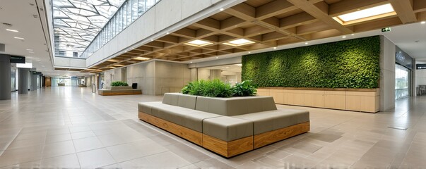 Fototapeta premium Biophilic bus terminal with moss-covered walls, solar lighting poles, and tactile natural materials creating a calm transit environment