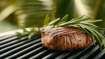 Juicy steak cooking on a barbecue grill garnished with fresh rosemary, capturing the essence of summer grilling amidst vibrant greenery