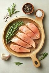 Succulent chicken fillets are seasoned with fresh herbs, spices, and garlic, prepared for a delightful barbeque experience on a neutral background
