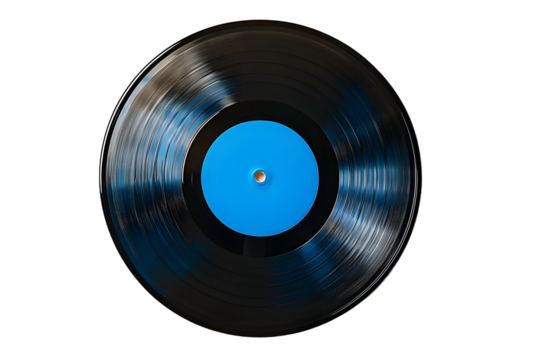 Vinyl record with blue label on white background. Concept of music. Ai generative