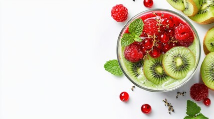 Fresh Raspberry Kiwi Smoothie with Mint and Berries on White Background