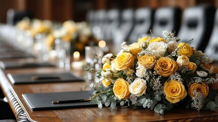 Conference table adorned with floral centerpieces, meeting ready, refined atmosphere