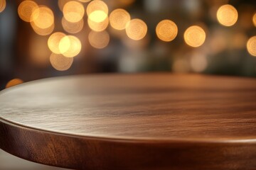 Obraz premium Empty Wooden Table Close-Up with Warm Bokeh Lights, Generative AI