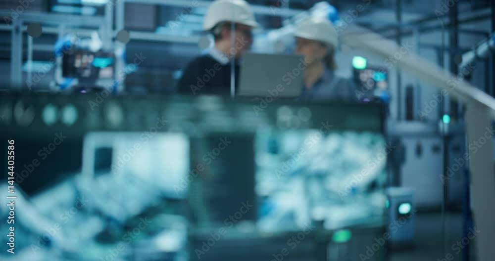 Fototapete Computer Screen Displaying Robotic Operations and Data Analytics. Engineers in a Hard Hats Working in an Industrial Facility, Using Laptop Computer to Monitor Robotic Arms in a Futuristic Factory