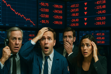 Stock Market Crash Reaction. Group of shocked traders watching stock values drop rapidly, representing financial crisis, fear, and investment panic.