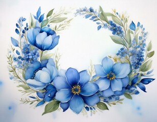 Obraz premium Blue floral wreath with watercolor for wedding, birthday, card, background, invitation,