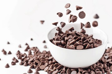 Fototapeta premium Delicious chocolate chips cascade into a white bowl, creating a delightful baking spectacle isolated on transparent background