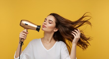 Young Woman with Long Brown Hair Drying Her Hair with a Gold Hair Dryer Against a Yellow Background