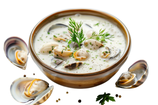 Delicious cream-based clam chowder garnished with fresh herbs in a rustic bowl isolated on transparent background