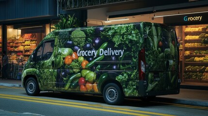Naklejka premium Grocery Delivery Van with Fresh Produce Design in Urban Setting