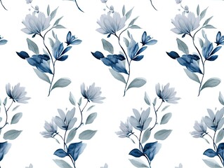 Fototapeta premium Elegant Blue Floral Pattern Seamless Design White Background Botanical Illustration Textile Print