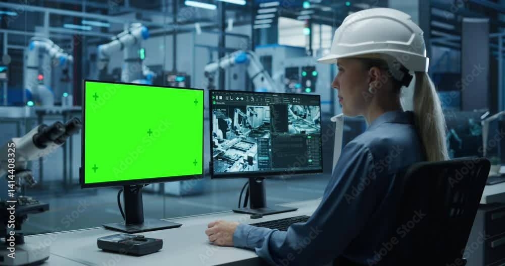 Poster Female Industrial Specialist Working on a Desktop Computer with Green Screen Mock Up Display. Second Monitor Displaying Technical and Production Information About the Robotic Assembly Line