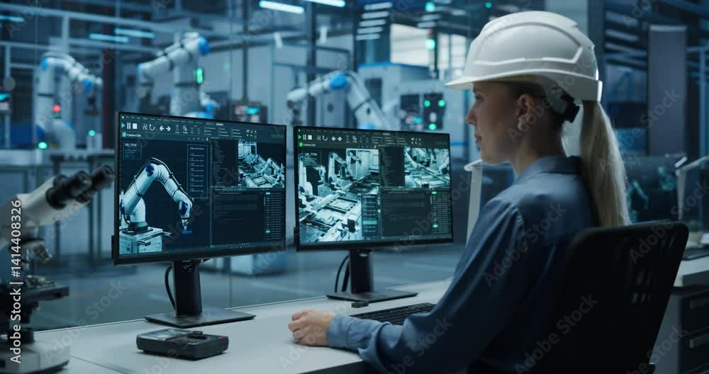 Aufkleber Administrator Working Behind a Desk in a Modern Industrial Facility with Automated Robotic Arms. Professional Young Woman Monitoring Circuit Board Assembly Line Conveyor and Optimizing Production