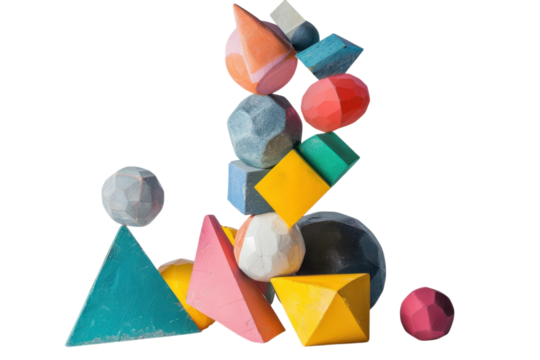 Creative balance of colorful geometric shapes in an artistic arrangement on a white background isolated on transparent background
