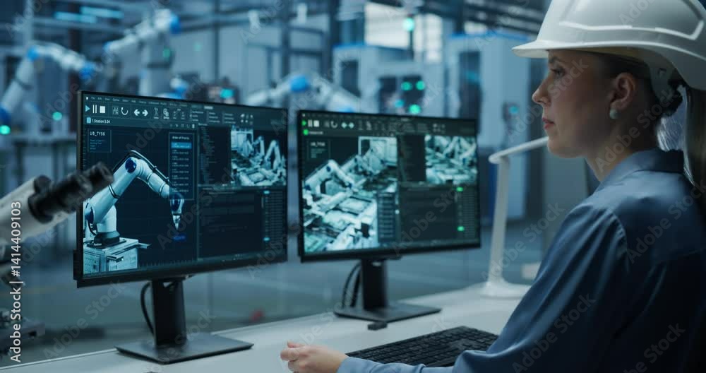 Poster female engineer sitting behind a desk in a modern product development facility, using industrial com