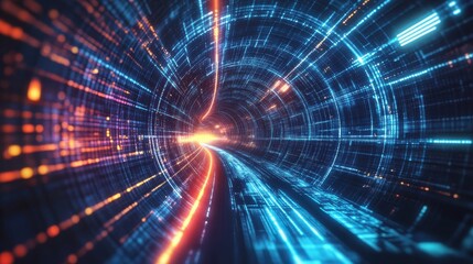 Obraz premium Futuristic technology abstract background with lines for network, big data, data center, server, internet, speed. Abstract neon lights into digital technology tunnel.
