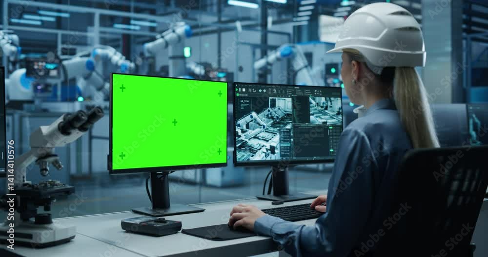 Aufkleber female administrator working behind a desk in a modern industrial facility with automated robotic ar